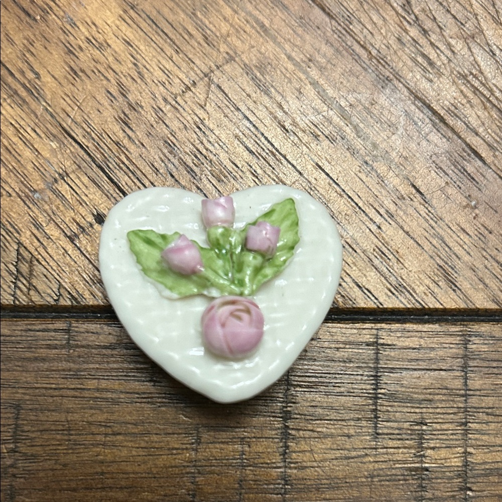 Vintage Belleek Pottery Brooch Heart-Shaped With Pink Roses Design